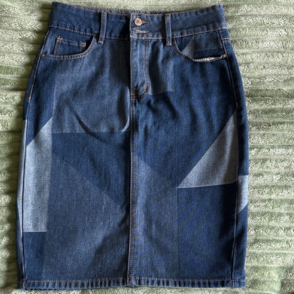 Geometric Dark Blue Denim Pencil Skirt - Womens